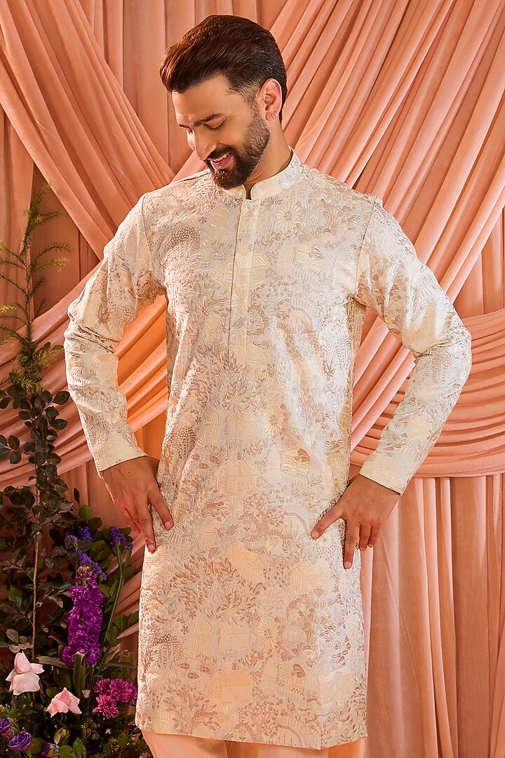 Cream Silk Threadwork Chikankari Kurta by Kasbah Clothing at Pernia's Pop Up Shop