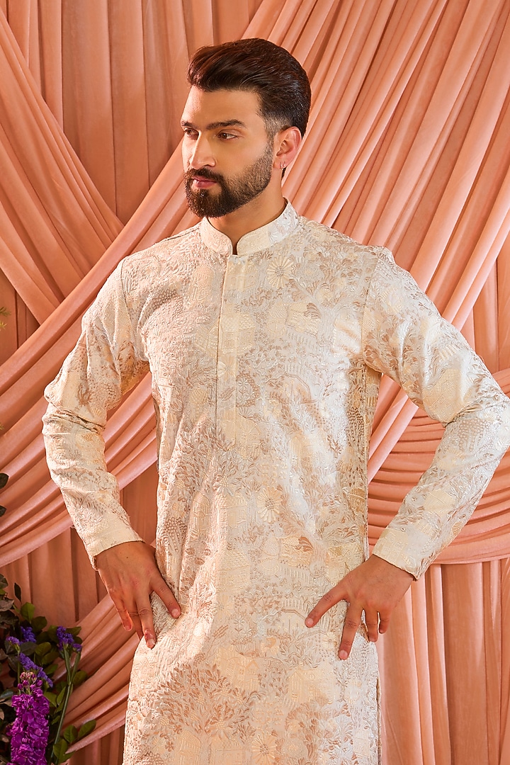 Cream Silk Threadwork Chikankari Kurta by Kasbah Clothing at Pernia's Pop Up Shop