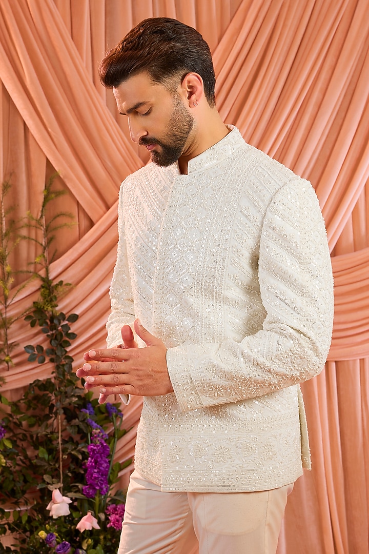 Ivory Georgette Hand Embroidered Jacket by Kasbah Clothing at Pernia's Pop Up Shop