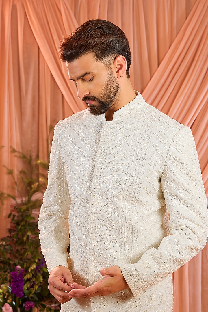 Ivory Georgette Hand Embroidered Jacket by Kasbah Clothing at Pernia's Pop Up Shop