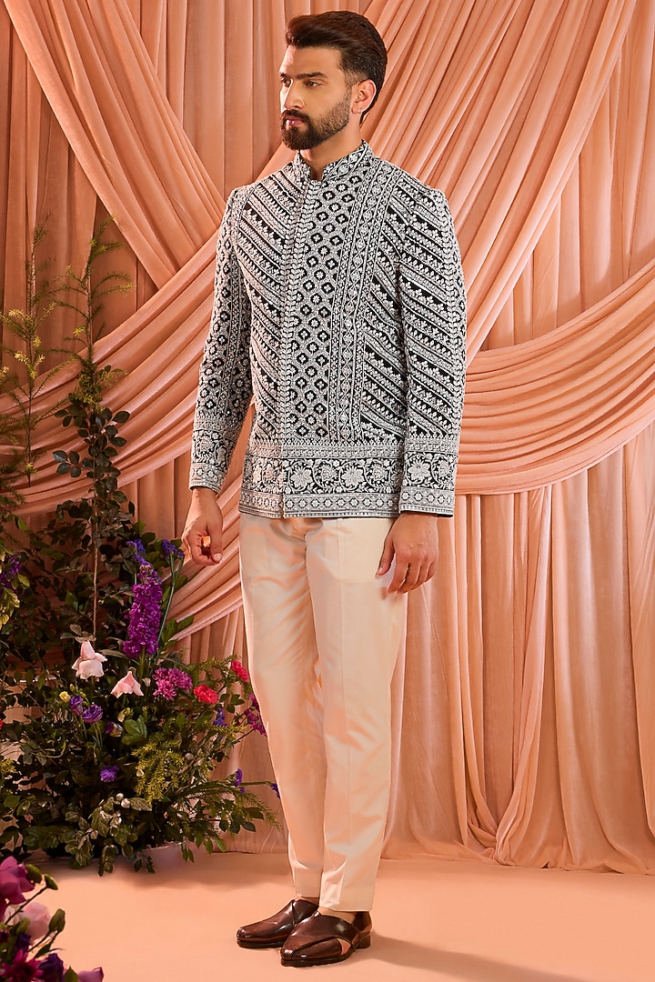 Black Georgette Hand Embroidered Jacket by Kasbah Clothing at Pernia's Pop Up Shop