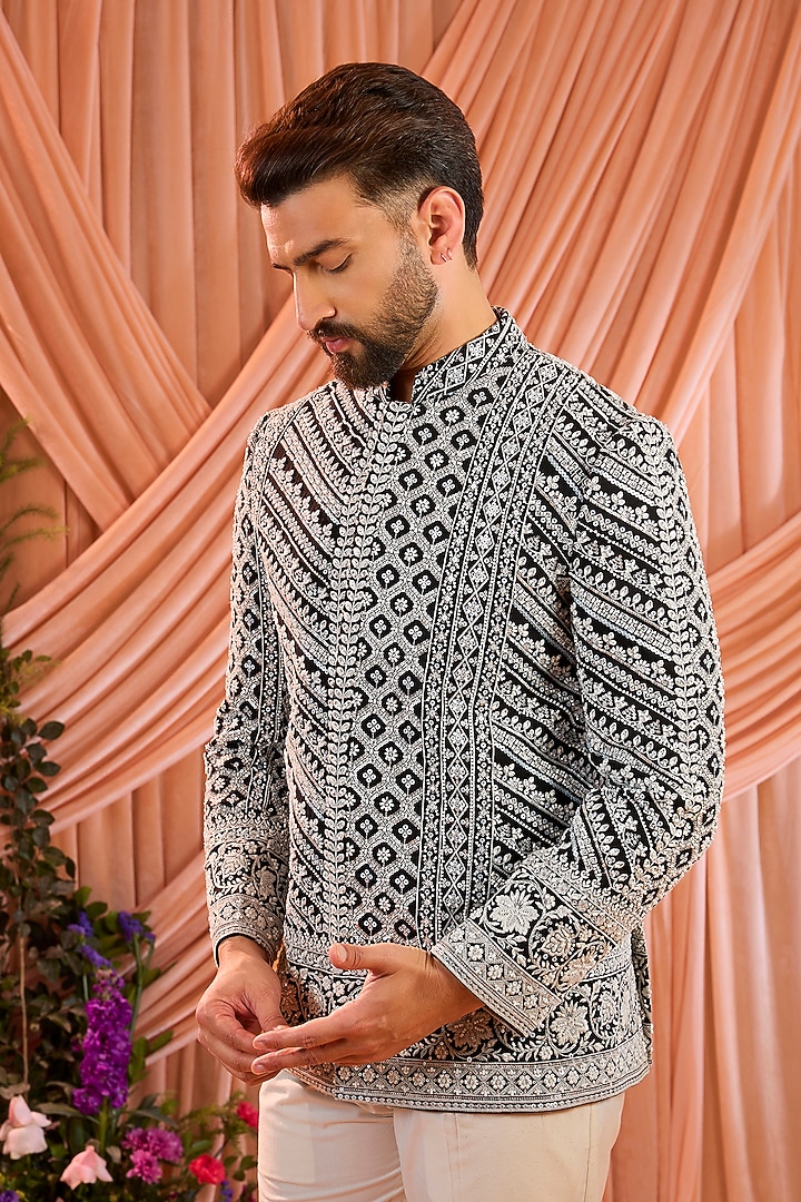 Black Georgette Hand Embroidered Jacket by Kasbah Clothing at Pernia's Pop Up Shop
