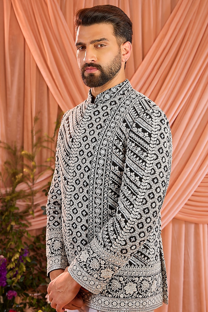 Black Georgette Hand Embroidered Jacket by Kasbah Clothing at Pernia's Pop Up Shop