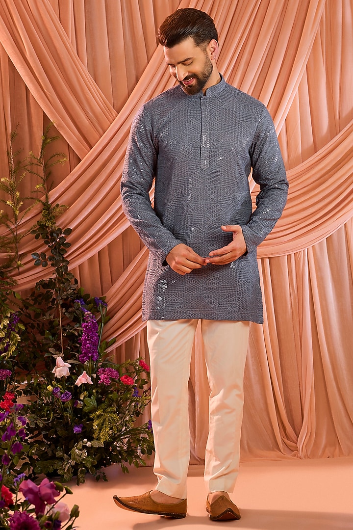 Slate Grey Crepe Silk Sequin Embellished Kurta by Kasbah Clothing at Pernia's Pop Up Shop