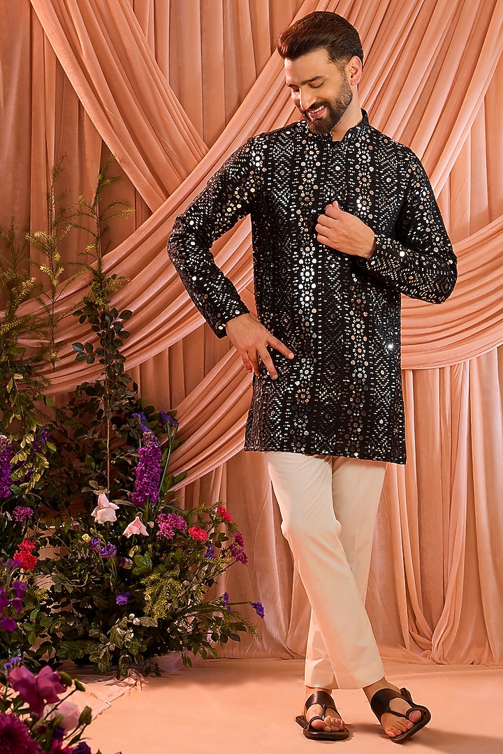 Black Silk Mirror Work Short Kurta by Kasbah Clothing at Pernia's Pop Up Shop