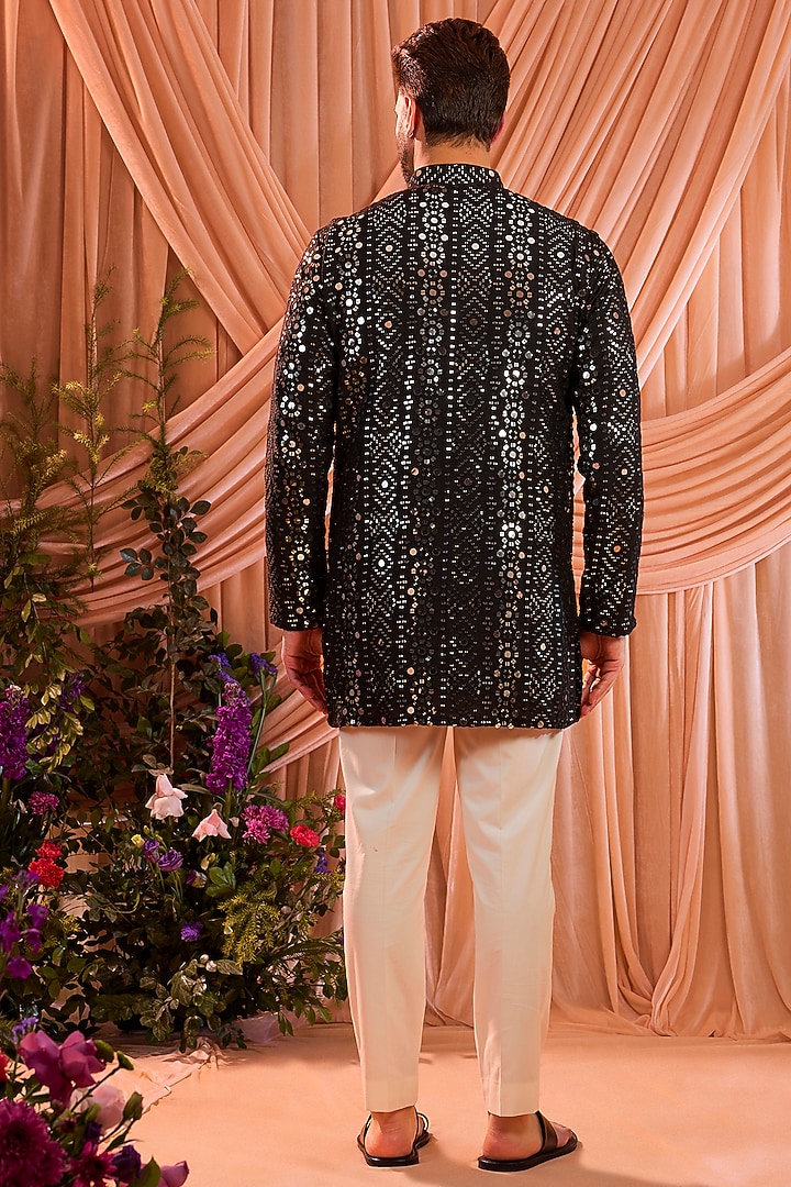 Black Silk Mirror Work Short Kurta by Kasbah Clothing at Pernia's Pop Up Shop