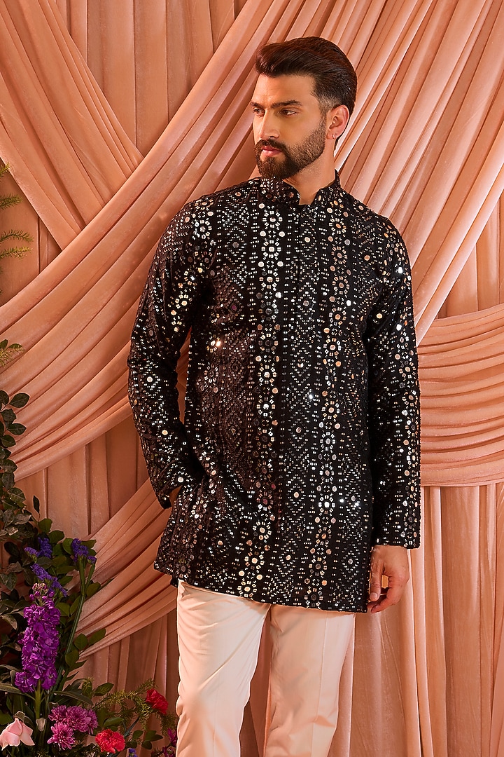 Black Silk Mirror Work Short Kurta by Kasbah Clothing at Pernia's Pop Up Shop
