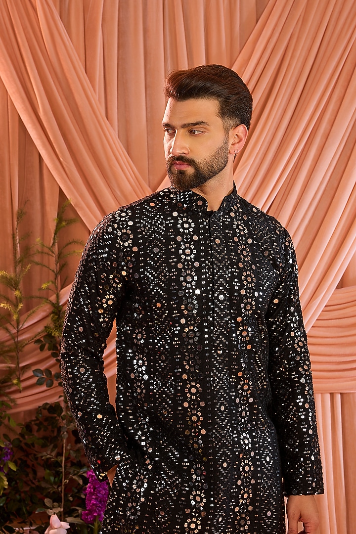 Black Silk Mirror Work Short Kurta by Kasbah Clothing at Pernia's Pop Up Shop
