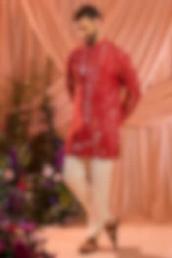 Red Silk Mirror Work Short Kurta by Kasbah Clothing at Pernia's Pop Up Shop