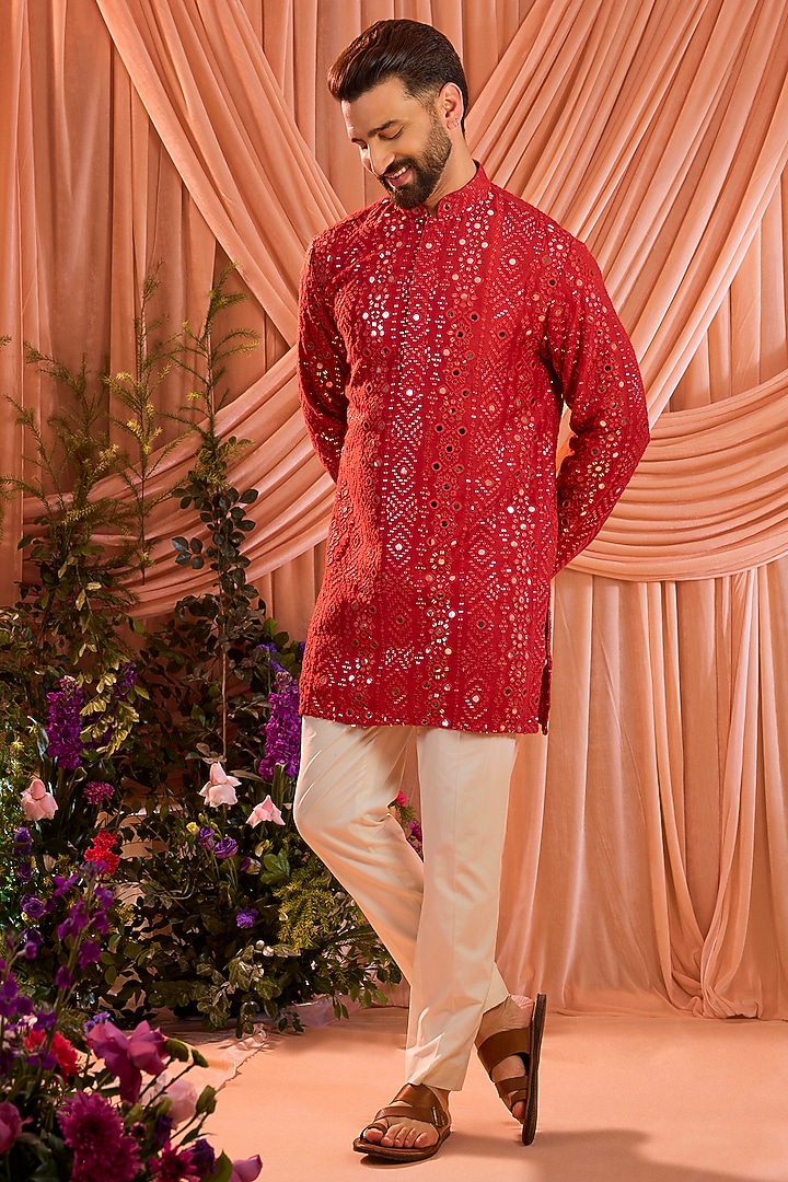 Red Silk Mirror Work Short Kurta by Kasbah Clothing at Pernia's Pop Up Shop