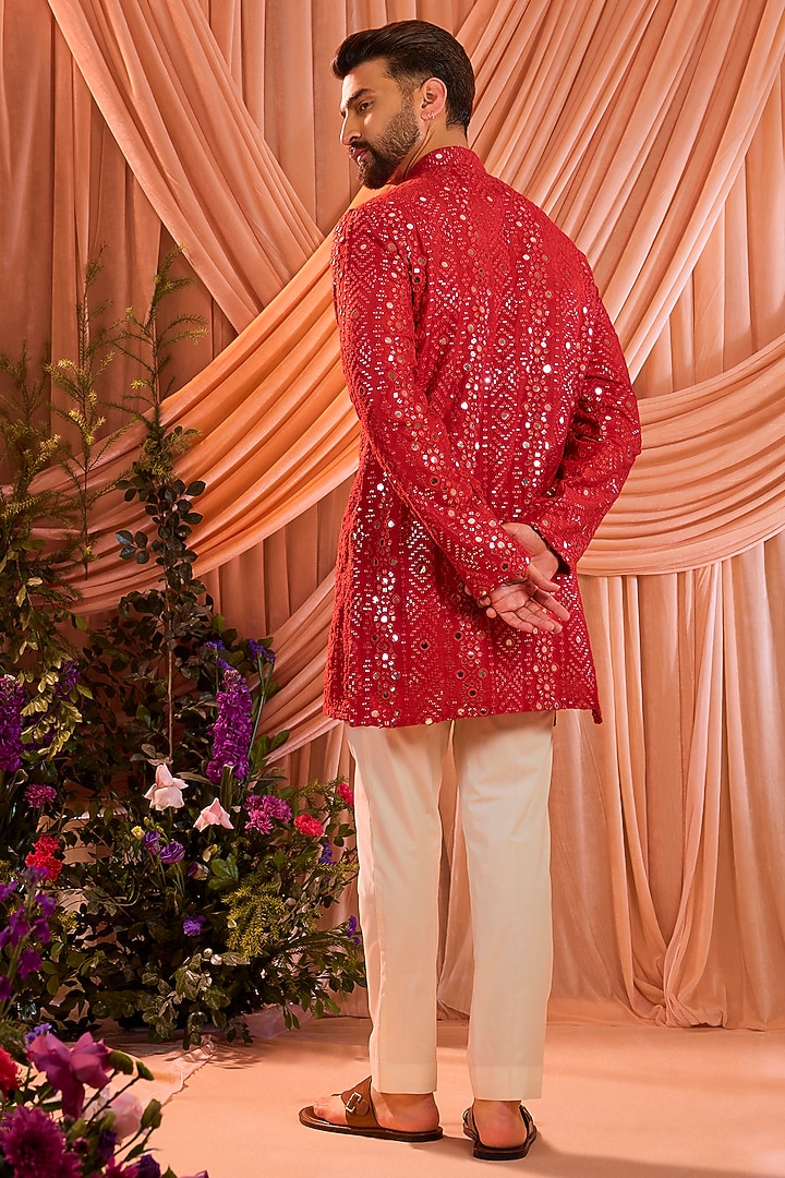 Red Silk Mirror Work Short Kurta by Kasbah Clothing at Pernia's Pop Up Shop
