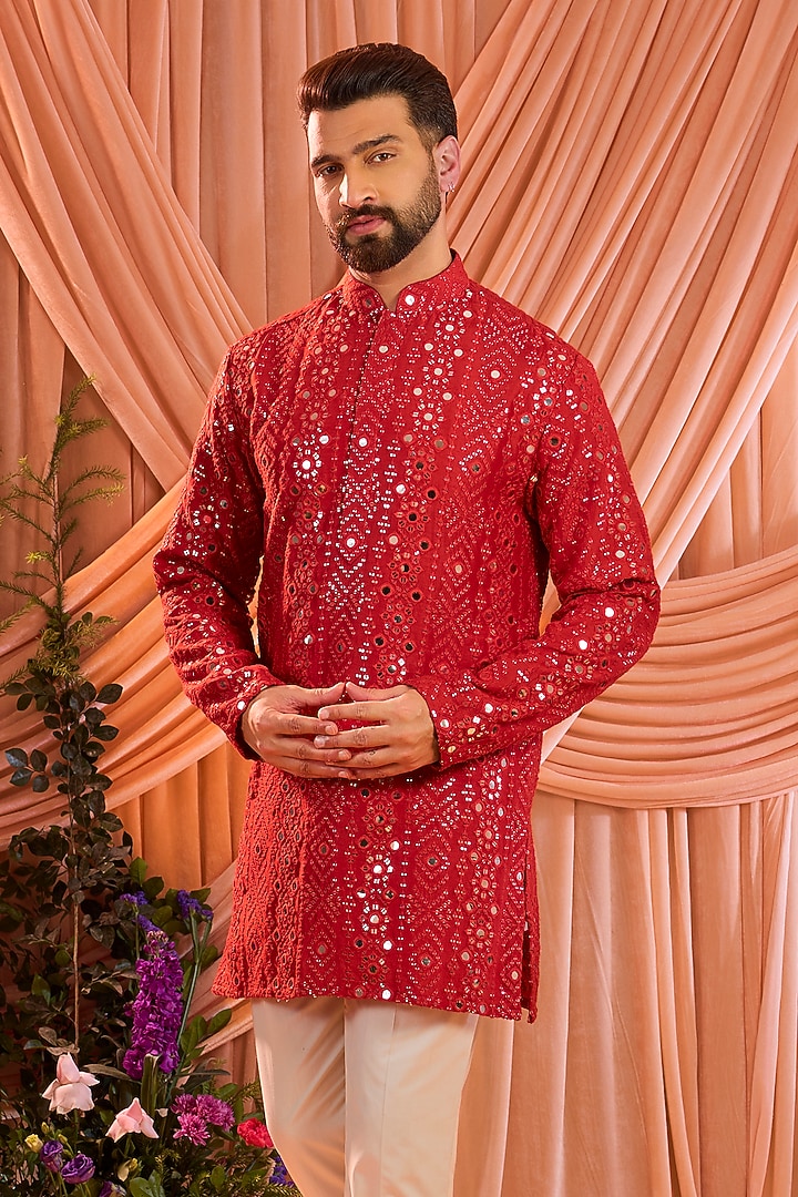 Red Silk Mirror Work Short Kurta by Kasbah Clothing at Pernia's Pop Up Shop
