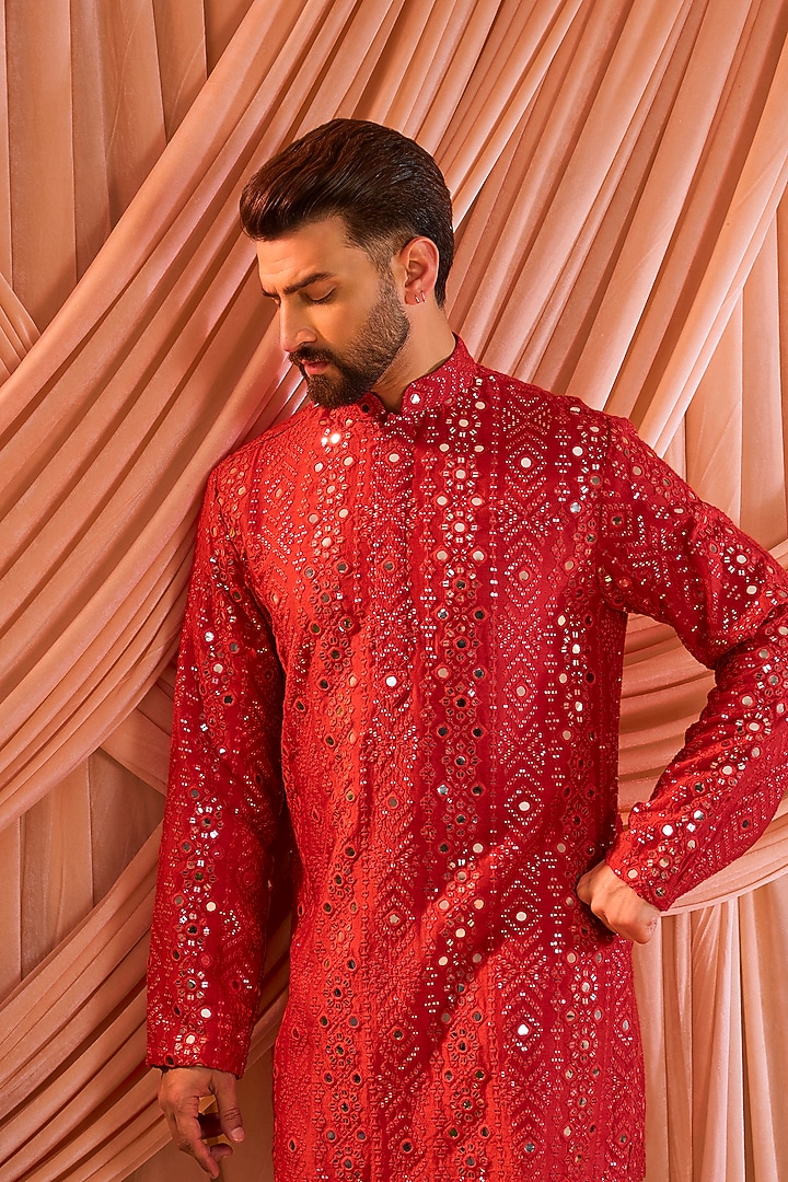 Red Silk Mirror Work Short Kurta by Kasbah Clothing at Pernia's Pop Up Shop