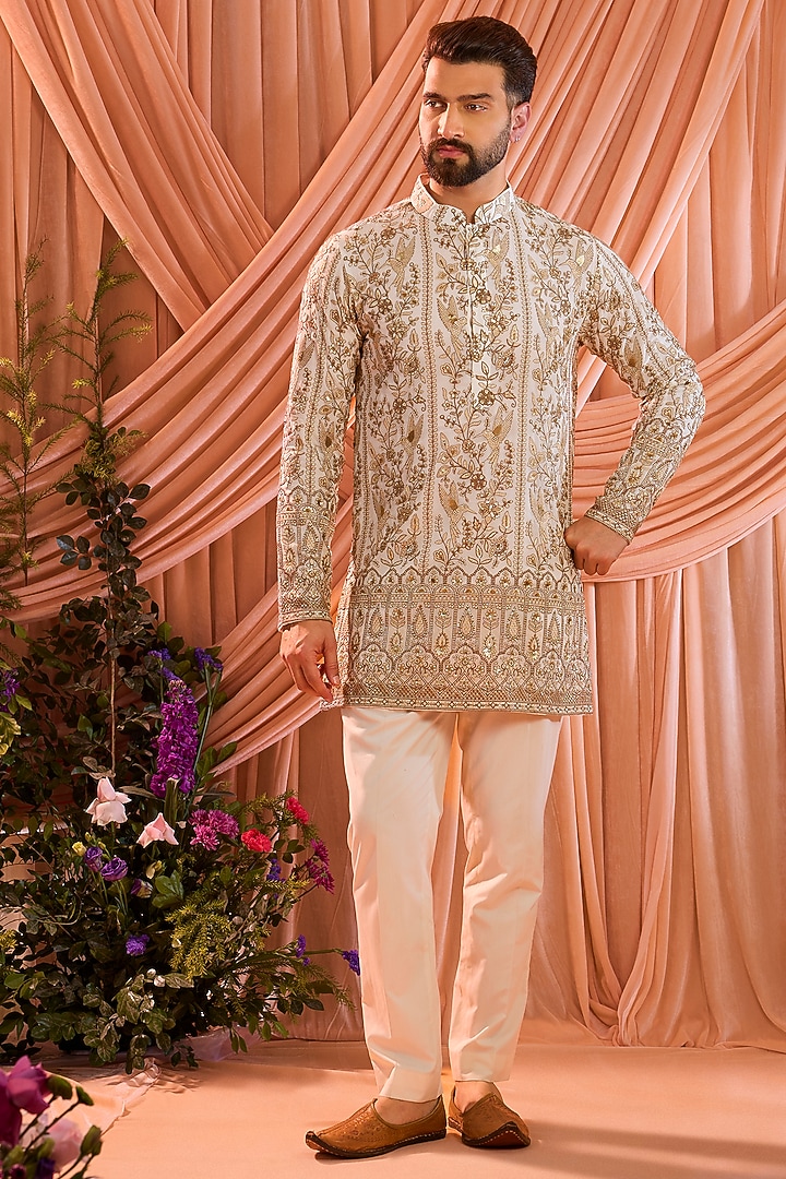 White Georgette Sequins Work Chikankari Short Kurta by Kasbah Clothing at Pernia's Pop Up Shop