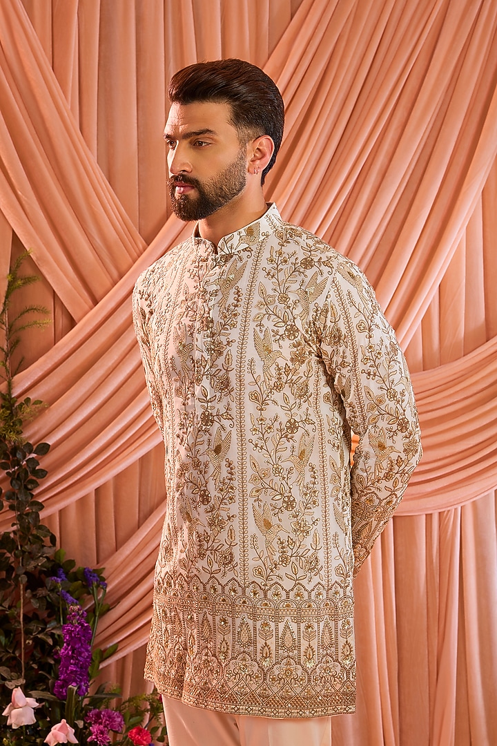 White Georgette Sequins Work Chikankari Short Kurta by Kasbah Clothing at Pernia's Pop Up Shop