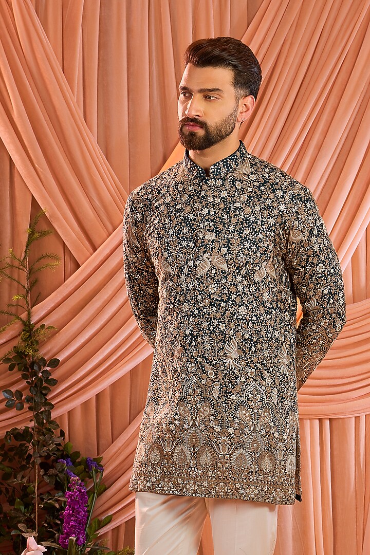 Teal Georgette Sequins Embellished Short Kurta by Kasbah Clothing at Pernia's Pop Up Shop