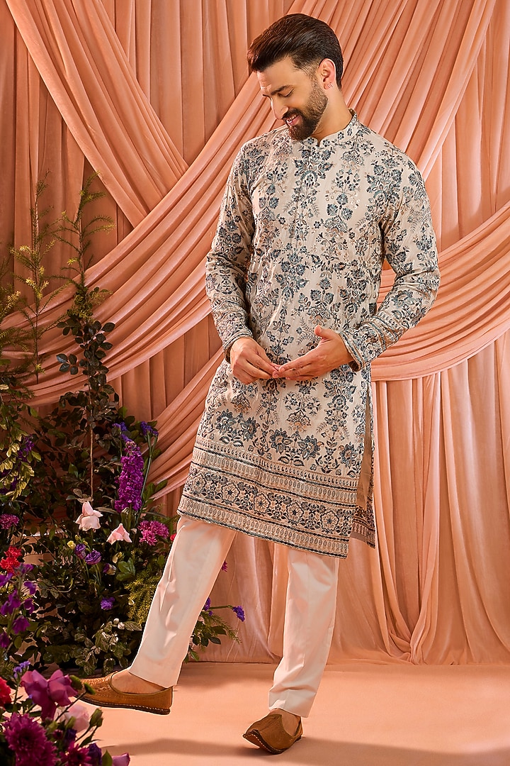 Light Golden Tissue Sequins Work Chikankari Kurta by Kasbah Clothing at Pernia's Pop Up Shop