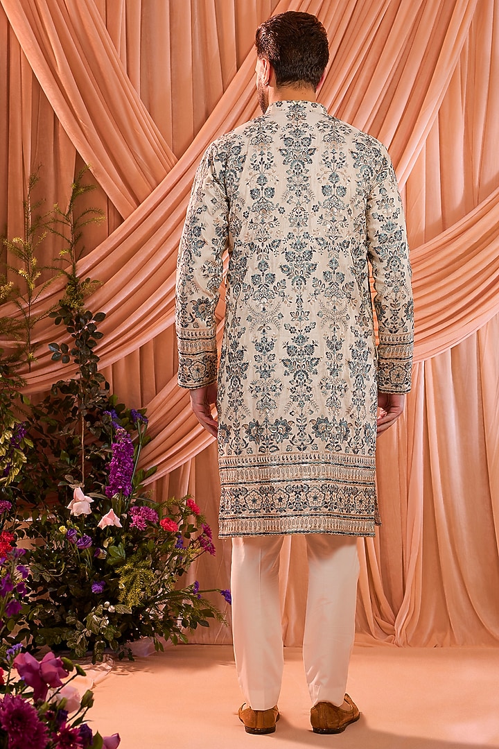 Light Golden Tissue Sequins Work Chikankari Kurta by Kasbah Clothing at Pernia's Pop Up Shop