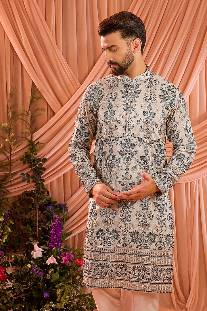 Light Golden Tissue Sequins Work Chikankari Kurta by Kasbah Clothing at Pernia's Pop Up Shop