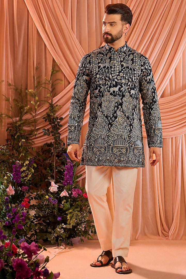 Royal Blue Georgette Sequins Work Short Kurta by Kasbah Clothing at Pernia's Pop Up Shop