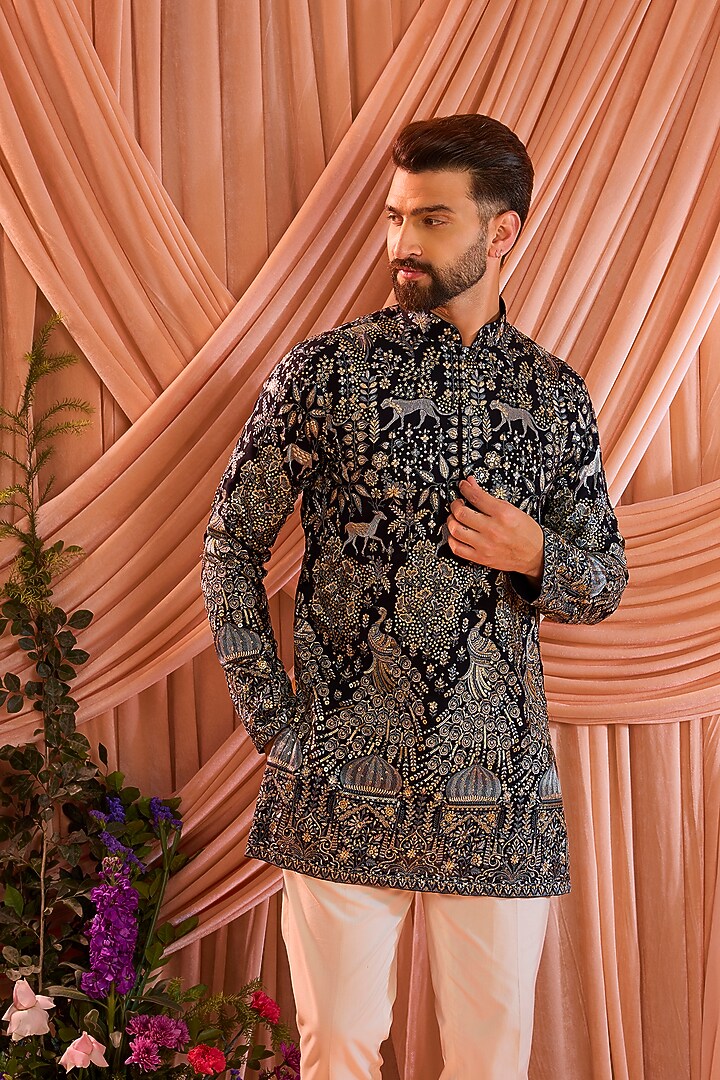 Royal Blue Georgette Sequins Work Short Kurta by Kasbah Clothing at Pernia's Pop Up Shop