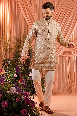 Pink Georgette Mirror Work Short Kurta by Kasbah Clothing