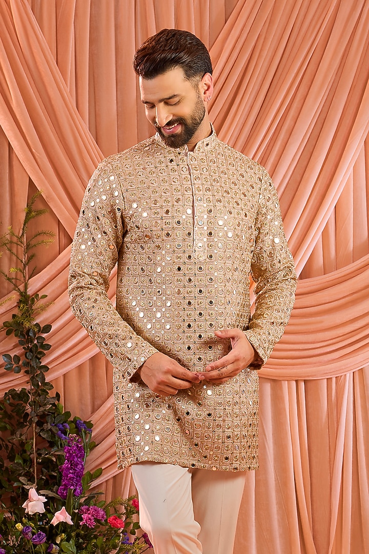 Pink Georgette Mirror Work Short Kurta by Kasbah Clothing at Pernia's Pop Up Shop