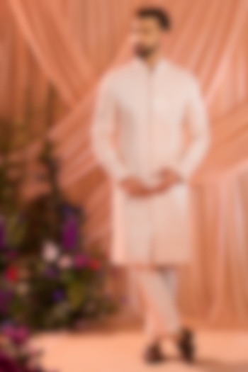 Pink Silk Thread Embellished Chikankari Wedding Sherwani by Kasbah Clothing at Pernia's Pop Up Shop