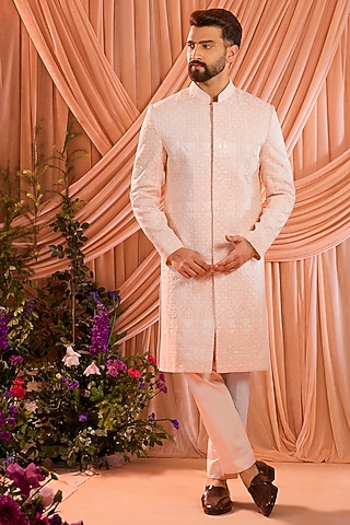 Pink Silk Thread Embellished Chikankari Sherwani by Kasbah Clothing