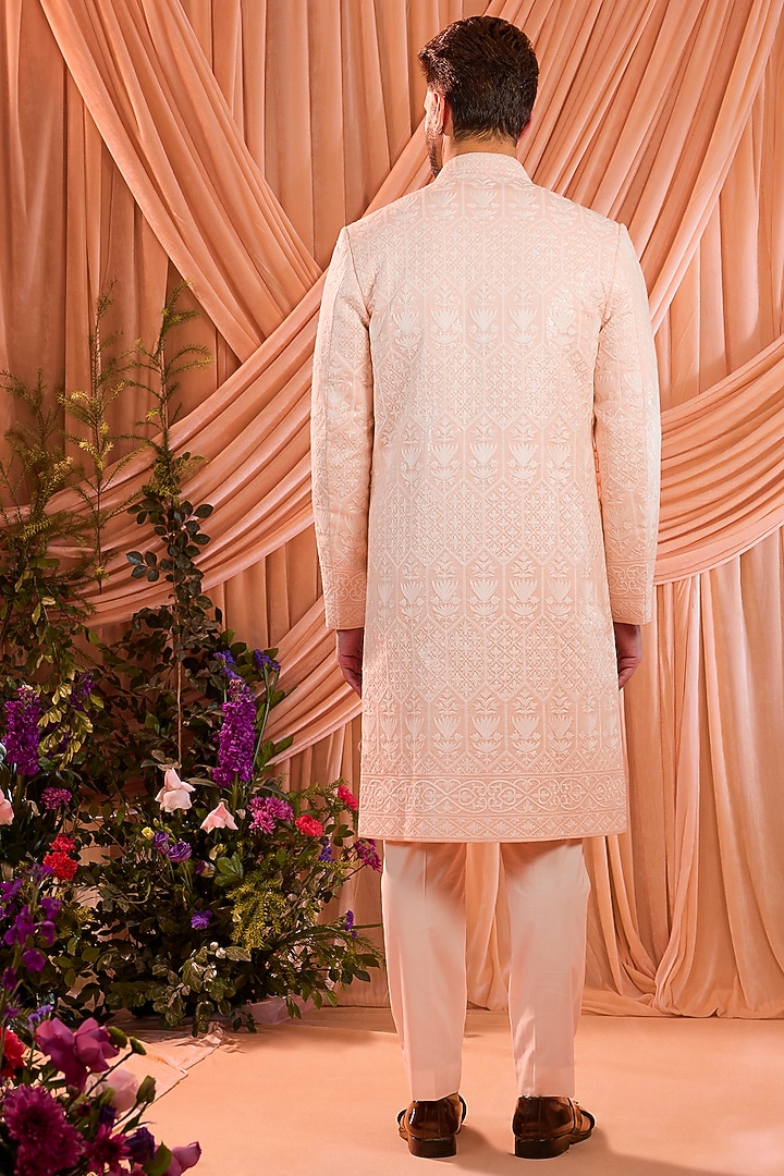 Pink Silk Thread Embellished Chikankari Wedding Sherwani by Kasbah Clothing at Pernia's Pop Up Shop