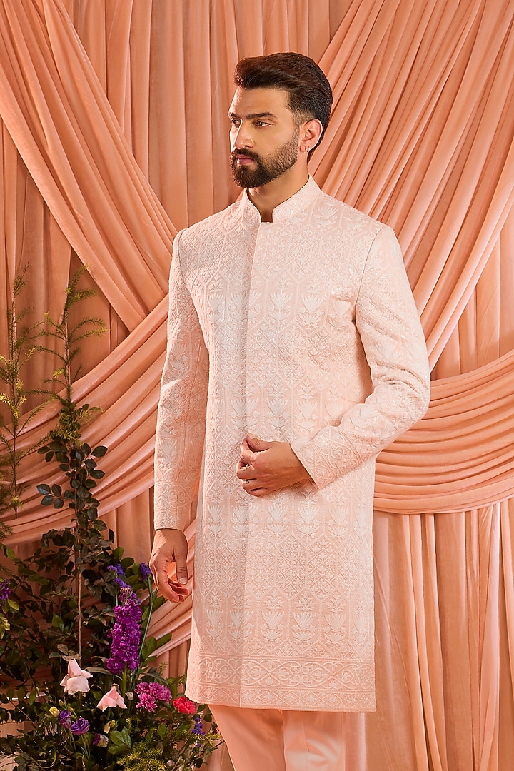 Pink Silk Thread Embellished Chikankari Wedding Sherwani by Kasbah Clothing at Pernia's Pop Up Shop