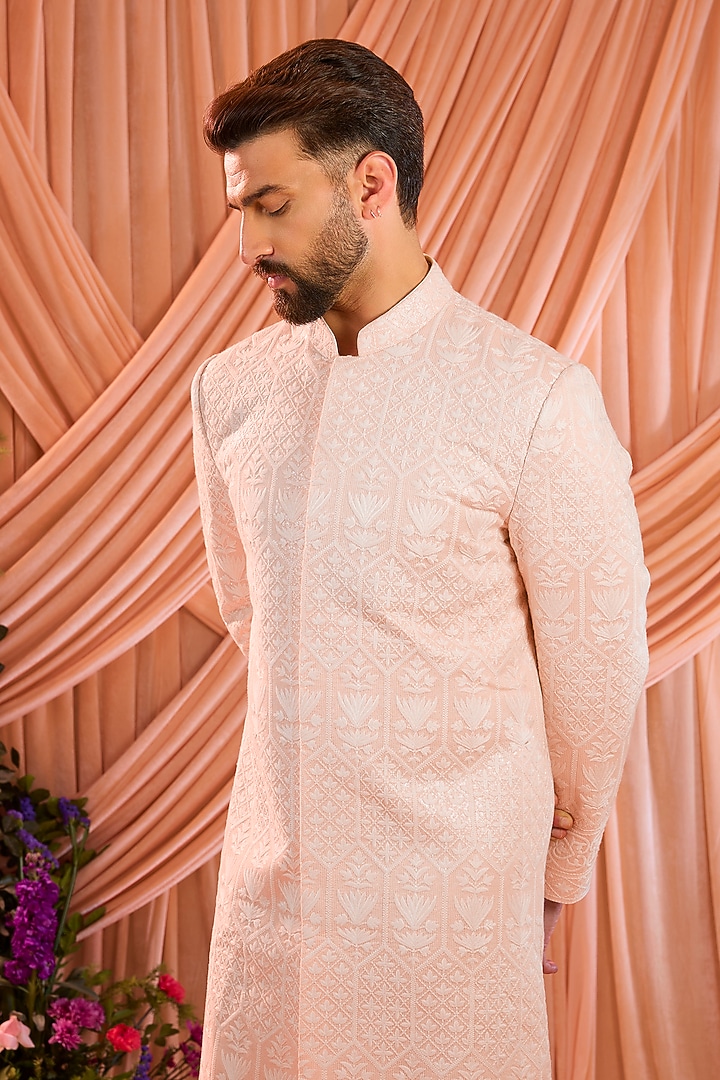 Pink Silk Thread Embellished Chikankari Wedding Sherwani by Kasbah Clothing at Pernia's Pop Up Shop