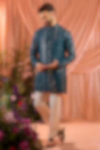 Teal Blue Silk Mirror Work Short Kurta by Kasbah Clothing at Pernia's Pop Up Shop