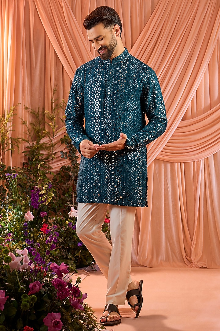 Teal Blue Silk Mirror Work Short Kurta by Kasbah Clothing at Pernia's Pop Up Shop