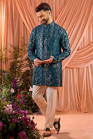 Teal Blue Silk Mirror Work Short Kurta by Kasbah Clothing