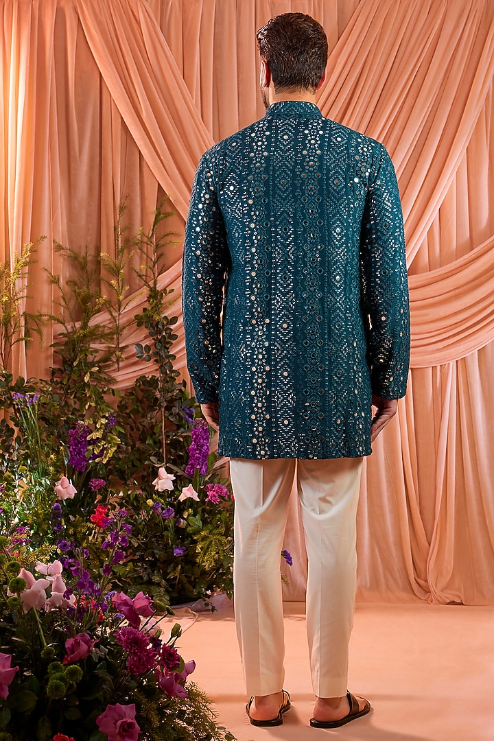 Teal Blue Silk Mirror Work Short Kurta by Kasbah Clothing at Pernia's Pop Up Shop
