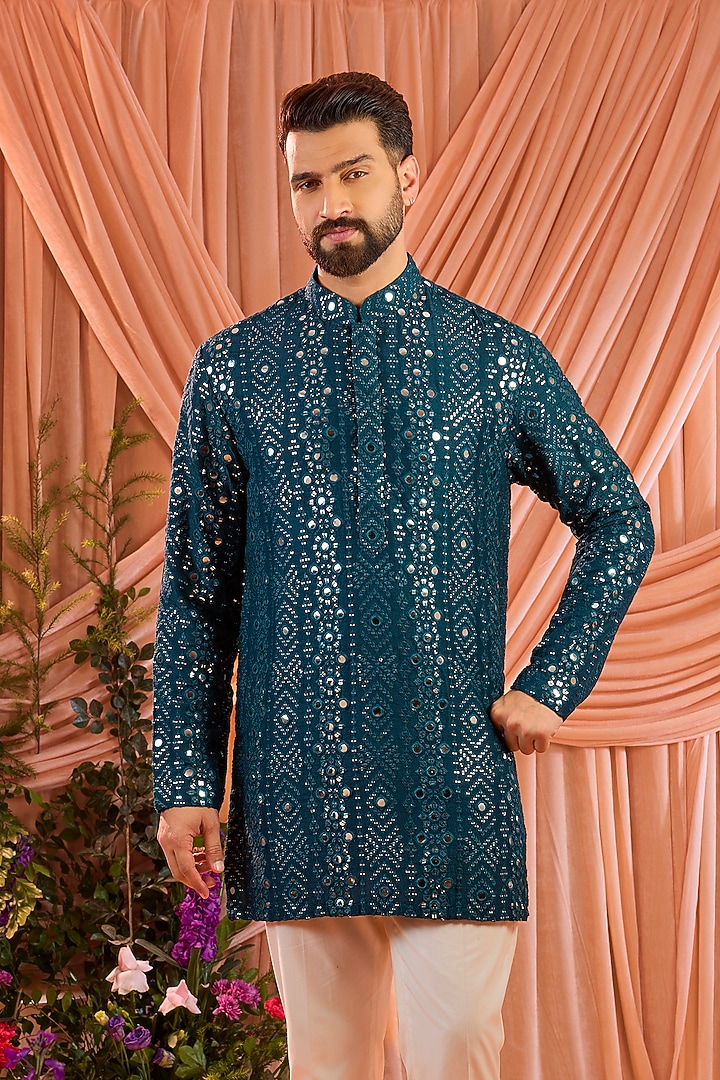 Teal Blue Silk Mirror Work Short Kurta by Kasbah Clothing at Pernia's Pop Up Shop
