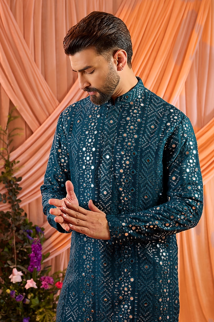 Teal Blue Silk Mirror Work Short Kurta by Kasbah Clothing at Pernia's Pop Up Shop