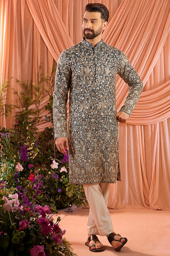 Teal Green Georgette Sequins Embellished Kurta by Kasbah Clothing at Pernia's Pop Up Shop
