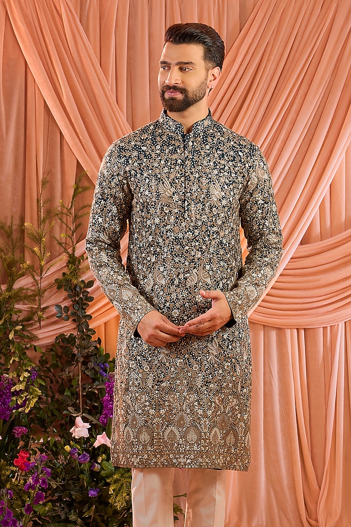 Teal Green Georgette Sequins Embellished Kurta by Kasbah Clothing at Pernia's Pop Up Shop