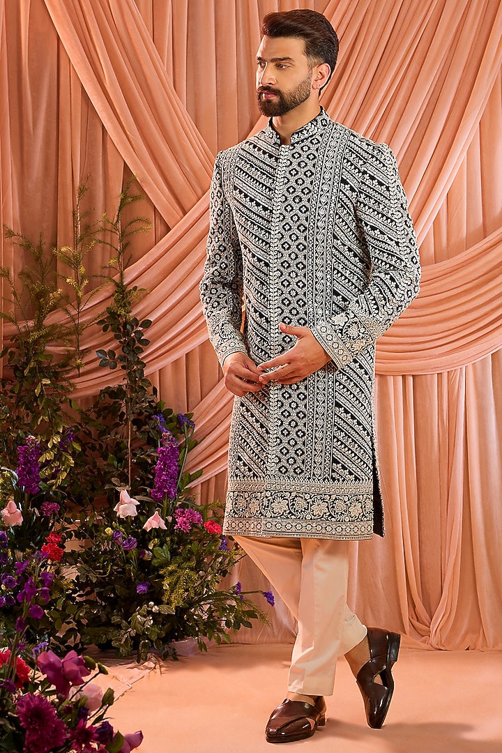 Black Georgette Cutdana Embroidered Wedding Sherwani by Kasbah Clothing at Pernia's Pop Up Shop