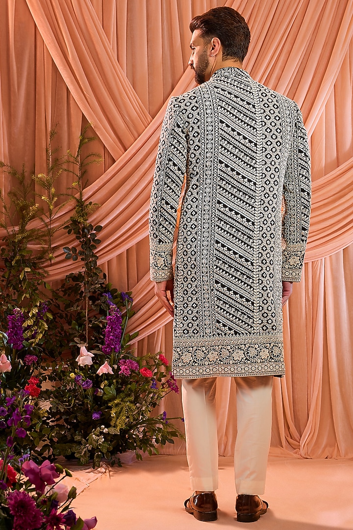 Black Georgette Cutdana Embroidered Wedding Sherwani by Kasbah Clothing at Pernia's Pop Up Shop