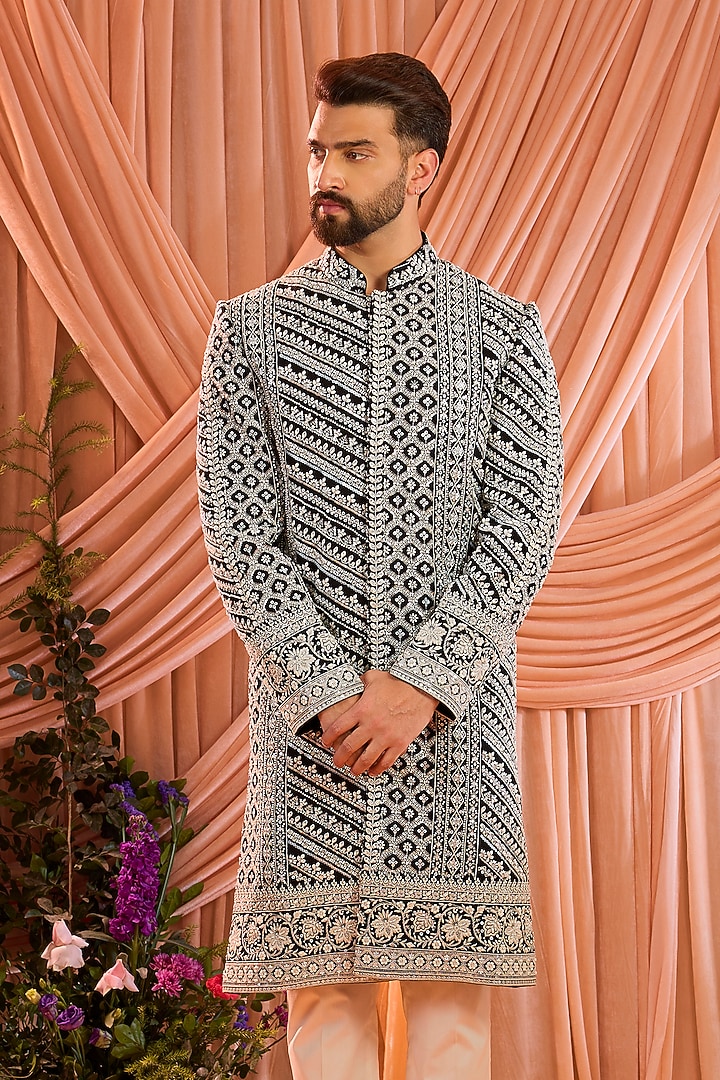 Black Georgette Cutdana Embroidered Wedding Sherwani by Kasbah Clothing at Pernia's Pop Up Shop