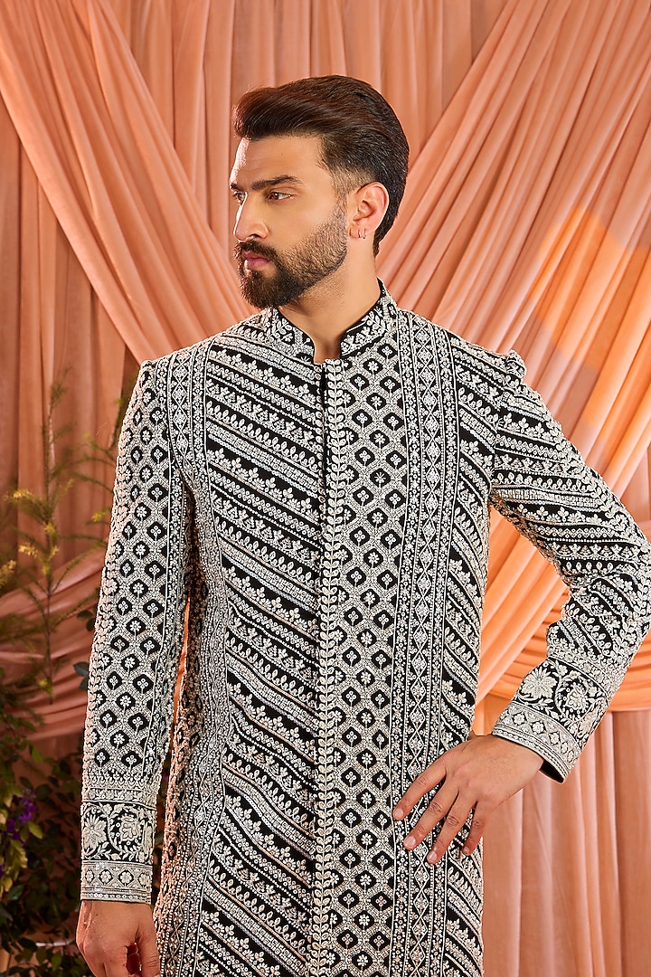 Black Georgette Cutdana Embroidered Wedding Sherwani by Kasbah Clothing at Pernia's Pop Up Shop