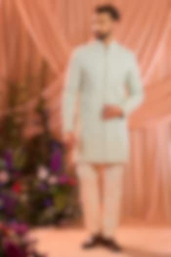 Aqua Blue Georgette Cutdana Embroidered Wedding Sherwani by Kasbah Clothing at Pernia's Pop Up Shop