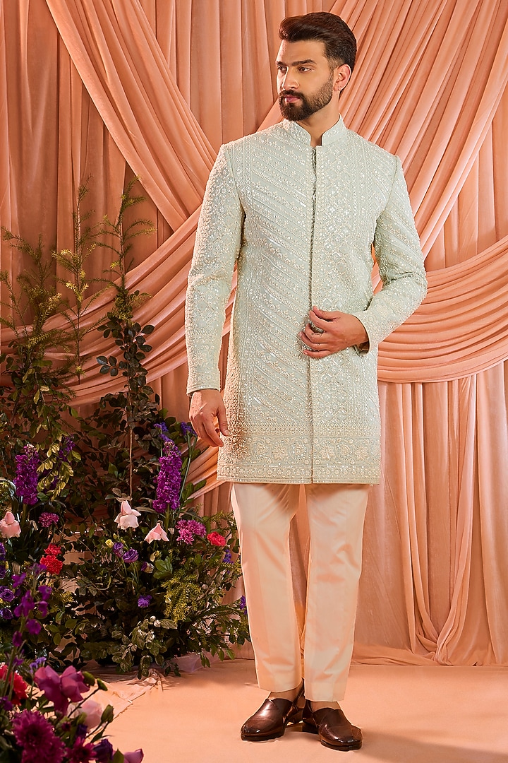 Aqua Blue Georgette Cutdana Embroidered Wedding Sherwani by Kasbah Clothing at Pernia's Pop Up Shop