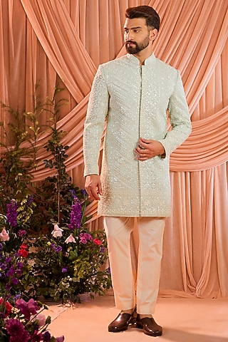 Aqua Blue Georgette Cutdana Embroidered Sherwani by Kasbah Clothing