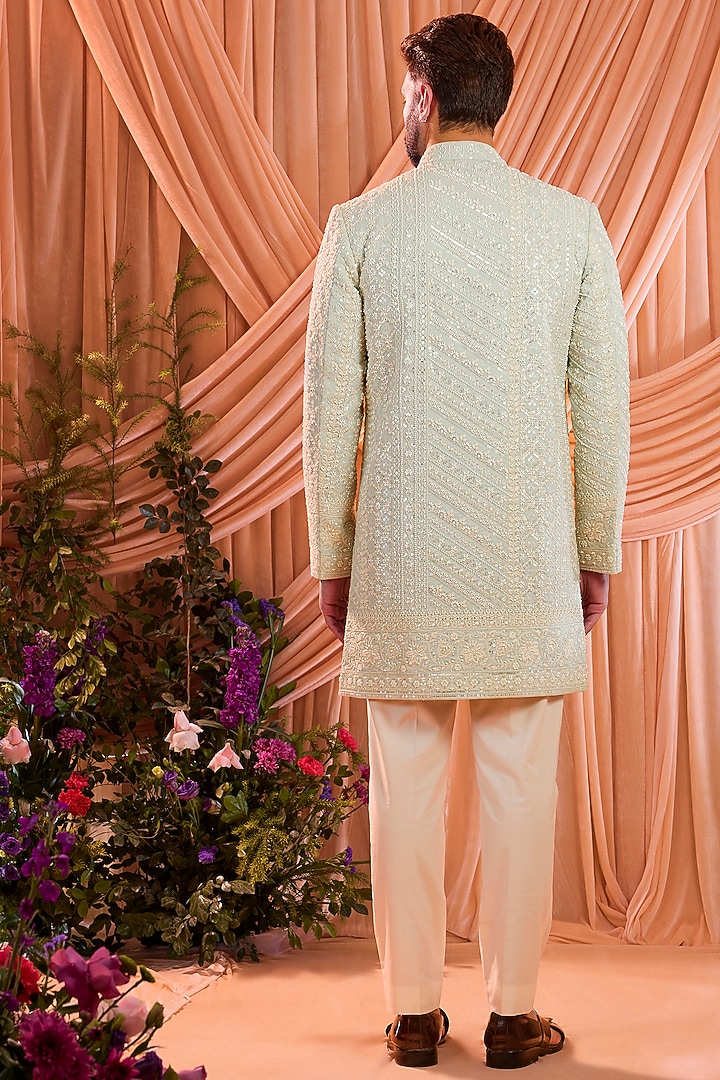 Aqua Blue Georgette Cutdana Embroidered Wedding Sherwani by Kasbah Clothing at Pernia's Pop Up Shop