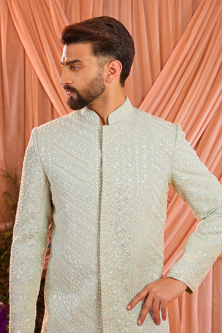 Aqua Blue Georgette Cutdana Embroidered Wedding Sherwani by Kasbah Clothing at Pernia's Pop Up Shop