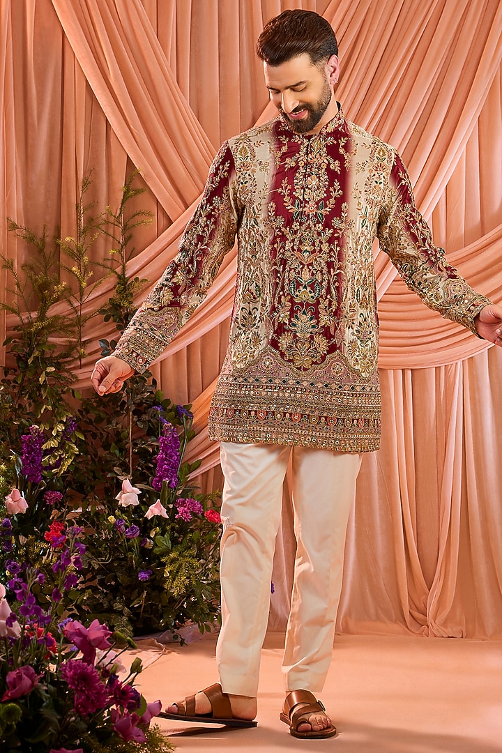 Green & Gold Crepe Silk Floral Embroidered Short Kurta by Kasbah Clothing at Pernia's Pop Up Shop